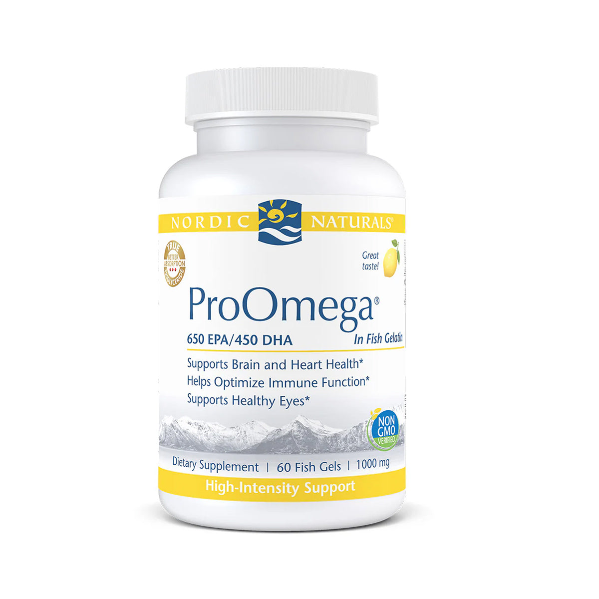 Nordic Naturals ProOmega Omega-3 supplement in lemon flavor supports brain, heart, immune, and eye health with 60 fish gel capsules containing 650 EPA/450 DHA. Non-GMO and using fish gelatin, its ideal for dry eye relief.