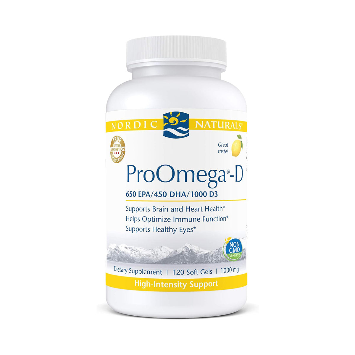 A bottle of Nordic Naturals ProOmega-D Lemon Flavor (120ct) offers high-intensity omega-3s: 650 EPA/450 DHA/1000 vitamin D3. It promotes brain, heart, immune health, and eye function in a non-GMO formula with blue and yellow branding on a white bottle.