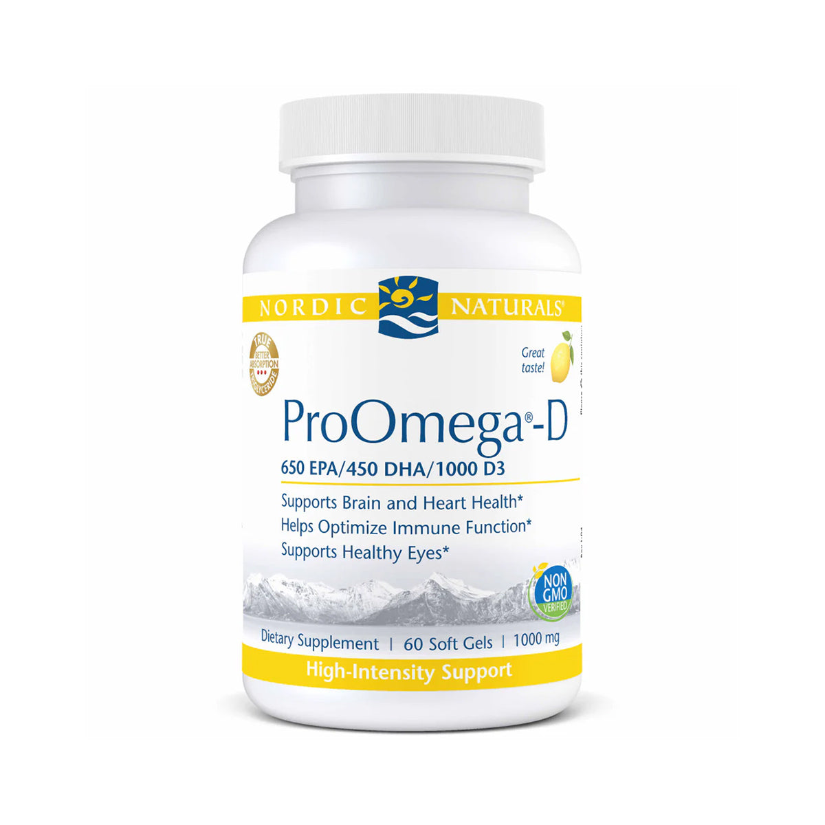 A white Nordic Naturals ProOmega-D Lemon Flavor bottle features 650 EPA/450 DHA/1000 D3, promoting brain, heart, immune, and eye health. Each 1000 mg non-GMO soft gel is rich in Omega-3 and Vitamin D3. Contains 60 soft gels with a mountain image.