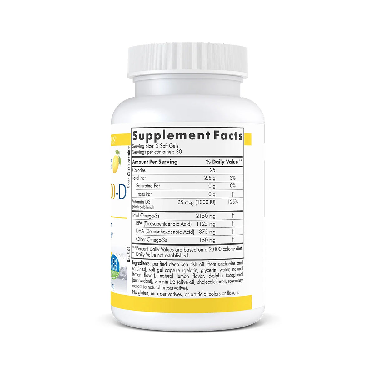 A white Nordic Naturals ProOmega® 2000-D bottle highlights its nutritional info, focusing on Omega-3 benefits and Vitamin D3 for eye health. The labels yellow and white design clearly presents supplement facts like calories and fat content.