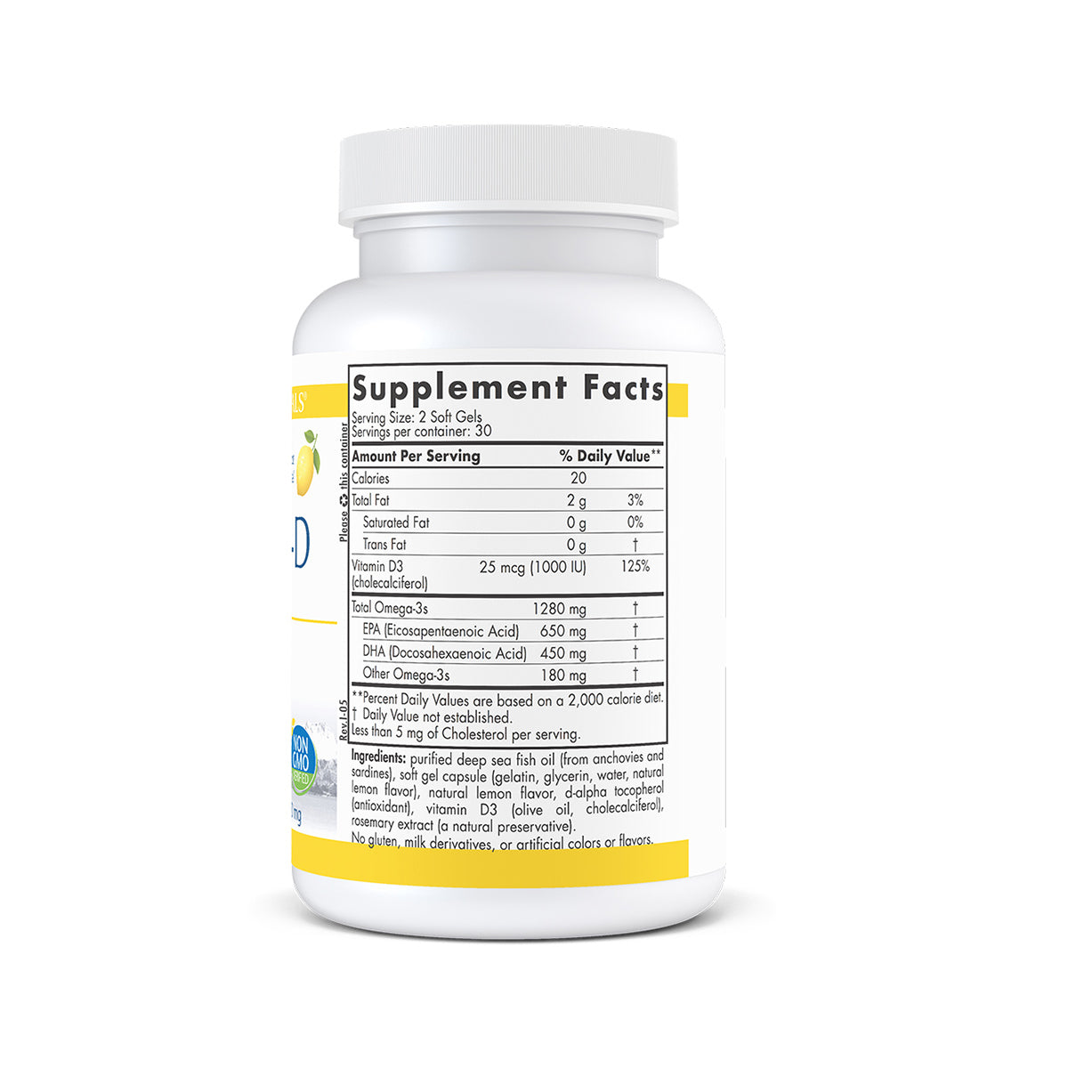 A Nordic Naturals ProOmega-D Lemon Flavor (60ct) fish oil bottle highlights omega-3 and Vitamin D3 content, ingredients, and nutritional facts on its detailed label. The NSF-certified mark boosts credibility, while fish and lemon graphics emphasize eye health benefits.