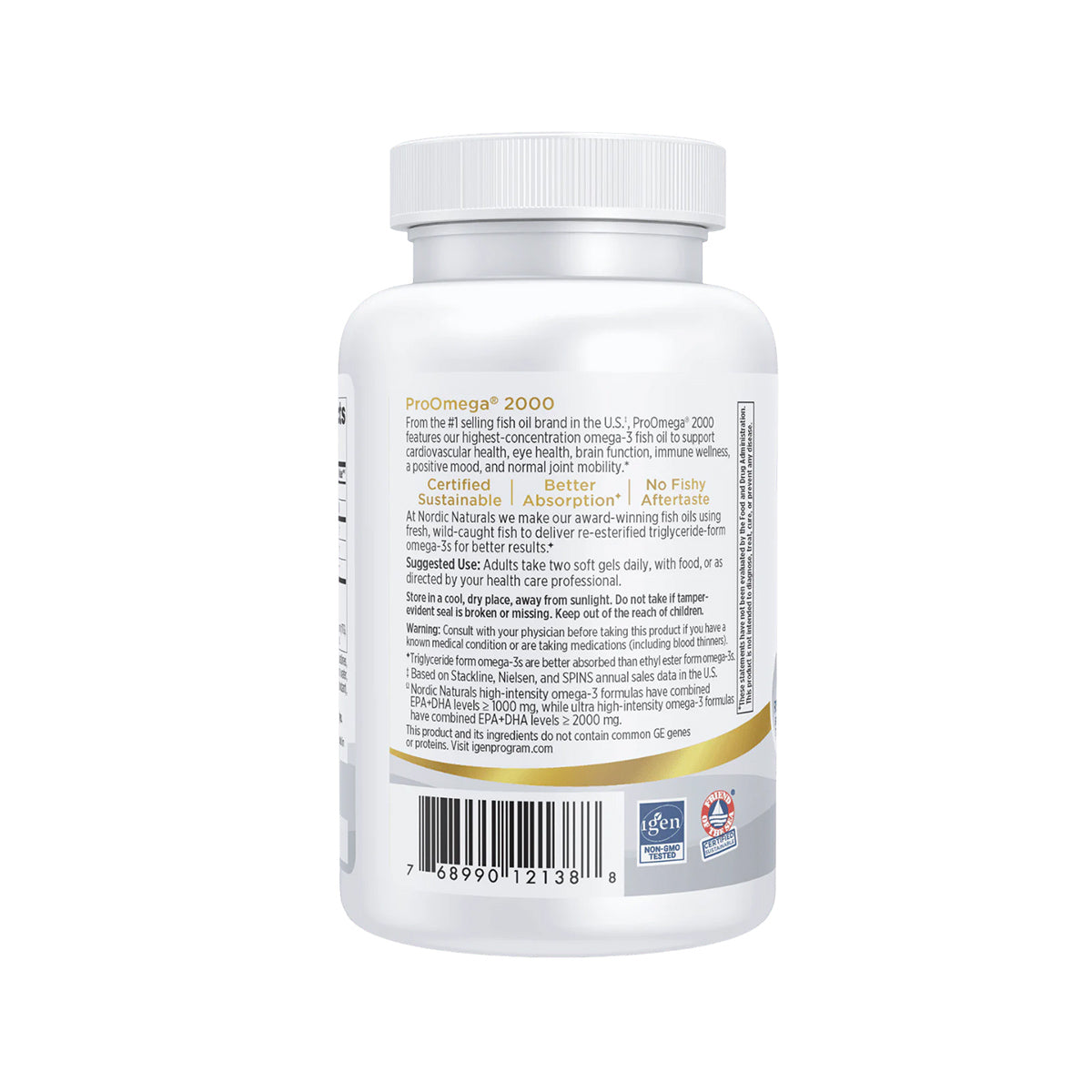 The Nordic Naturals ProOmega 2000, Lemon Flavor, 2150 mg Omega-3 soft gels feature ocular and dry eyes health benefits with sustainable sourcing and non-GMO certifications. The label includes serving suggestions, a barcode, and the company website.