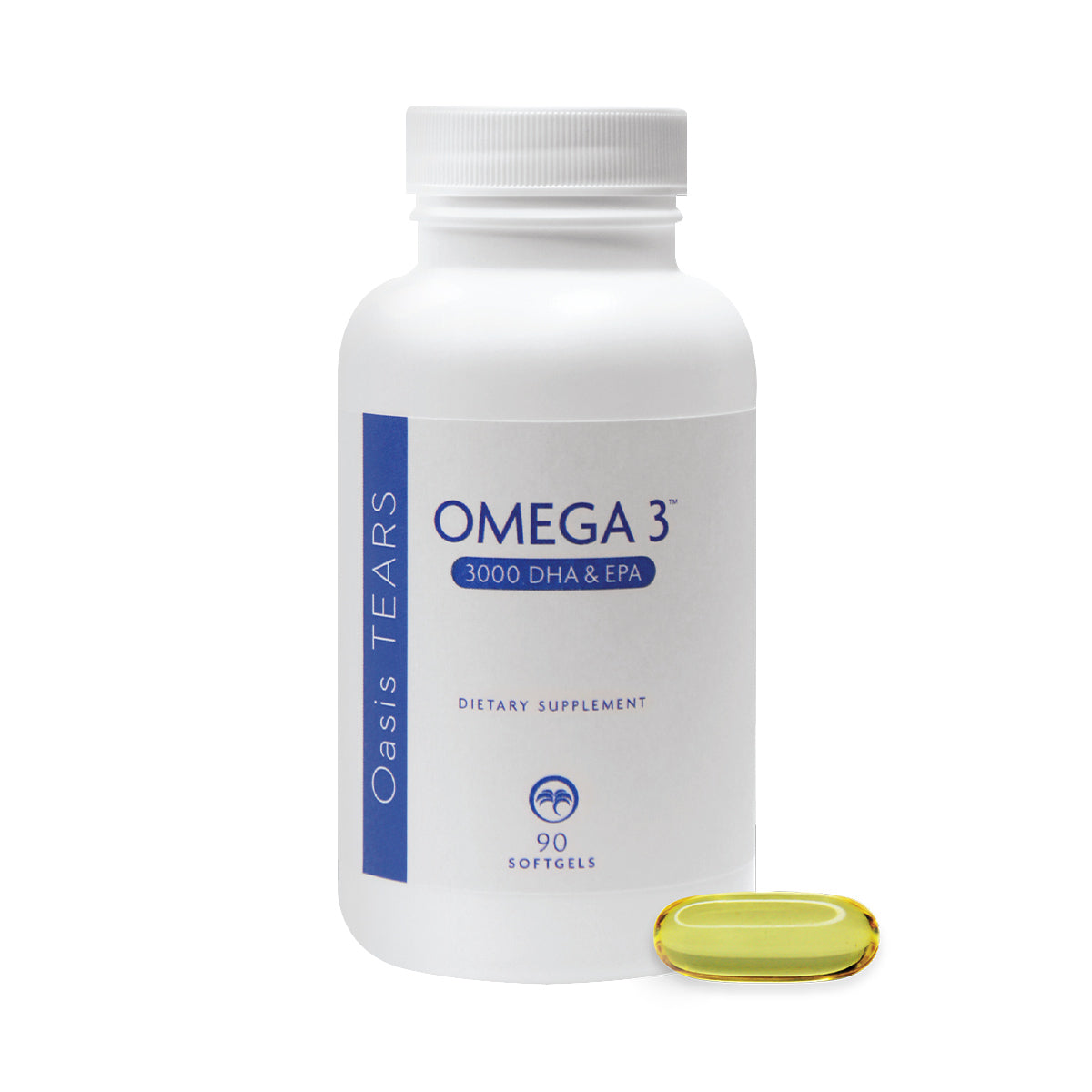 A white bottle labeled Oasis TEARS Omega 3 by Oasis Medical, designed for dry eye relief and supporting eye health, contains 90 softgels with one displayed in front.