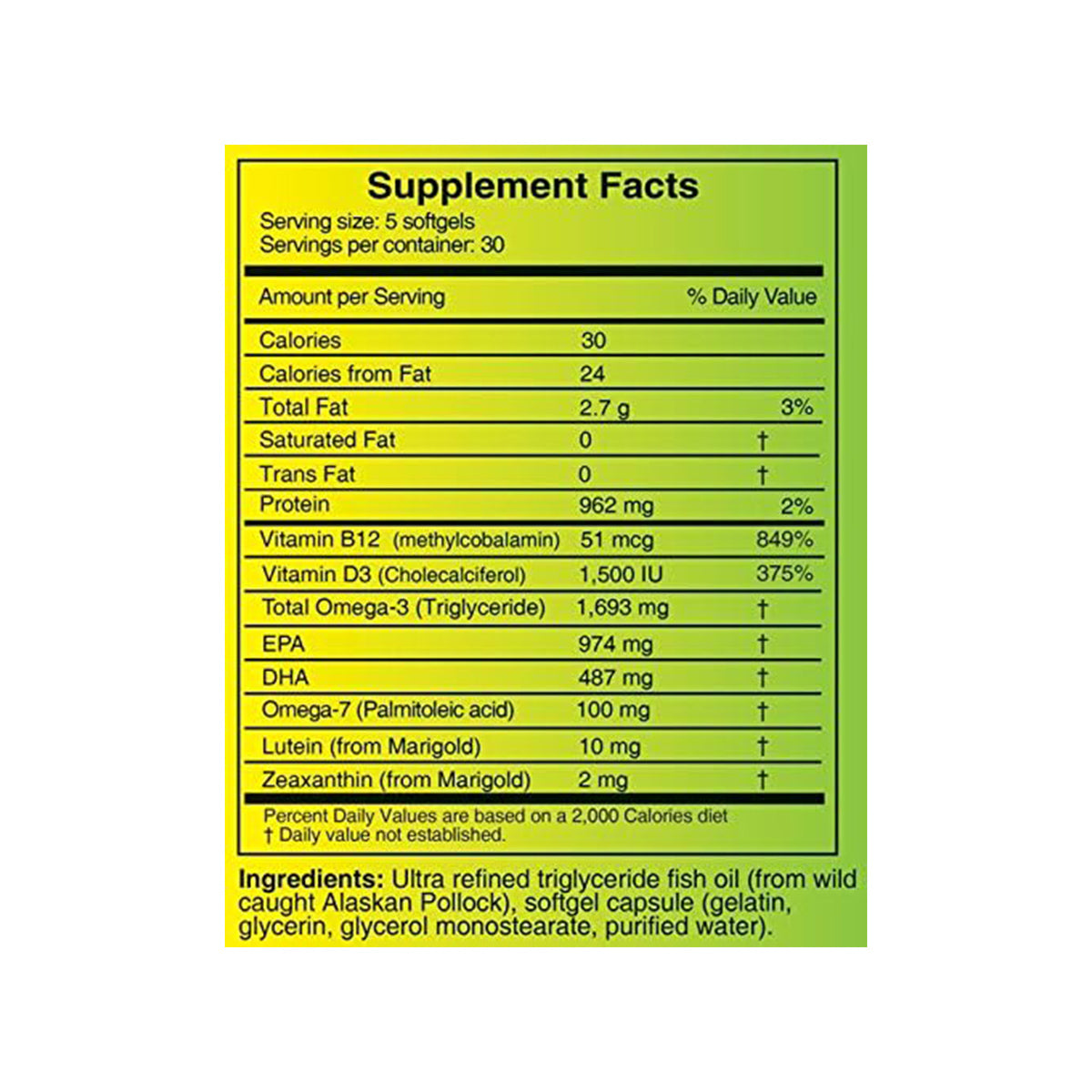 The OcuSci Ultra Omega Support 2-Month Supply supplement facts label shows nutritional info per 5 softgels, including calories, fats, protein, and Vitamin B12. Key ingredients are Vitamin D3 and Omega-3 triglyceride. Zeaxanthin and Lutein support eye health. Fish oil and additives are listed last.