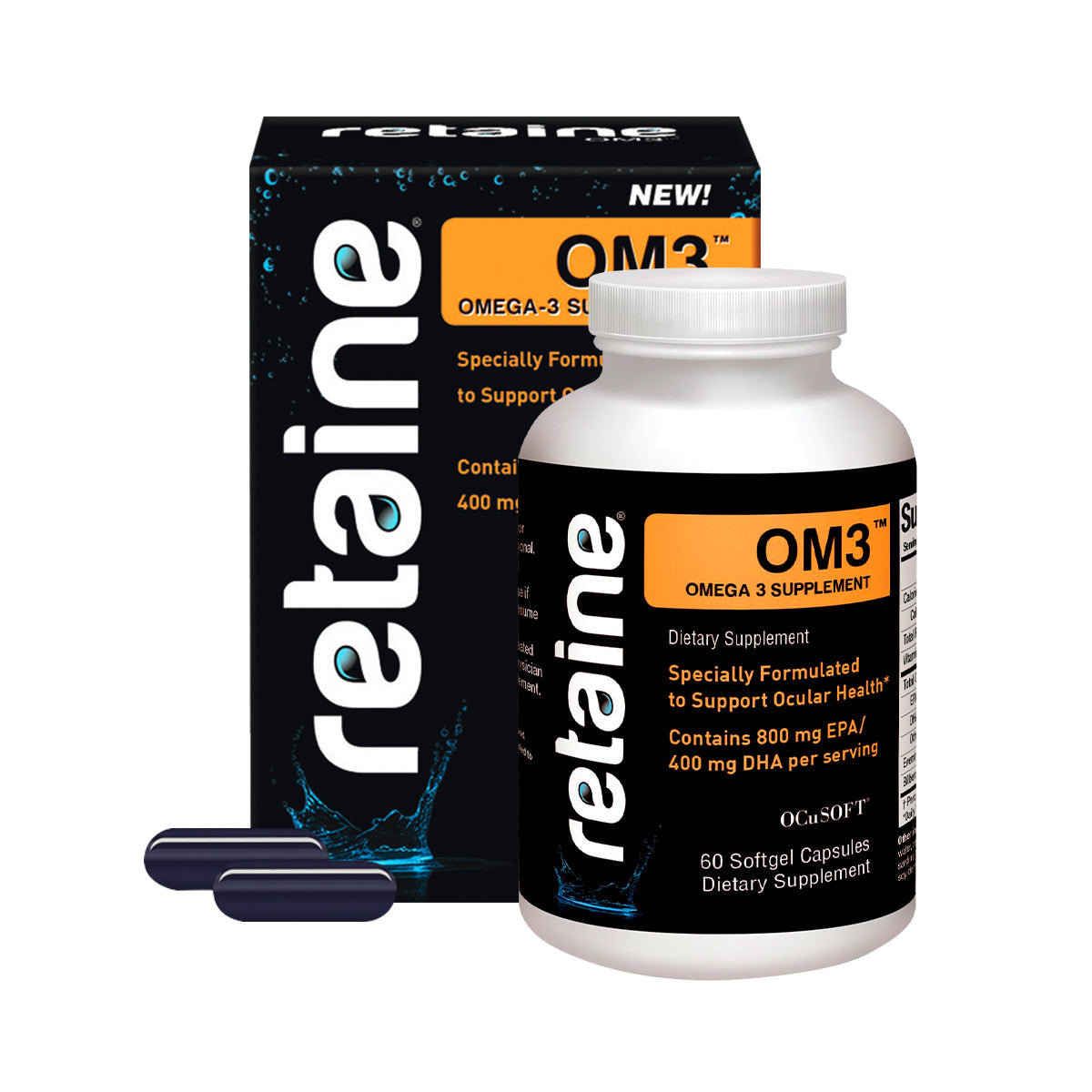 Image of Ocusoft Retaine OM3 Nutritional Supplement by OCuSOFT: A box and bottle featuring 60 softgel capsules rich in Omega-3 (800 mg EPA and 400 mg DHA per serving) crafted for superior eye care and optimal ocular health.