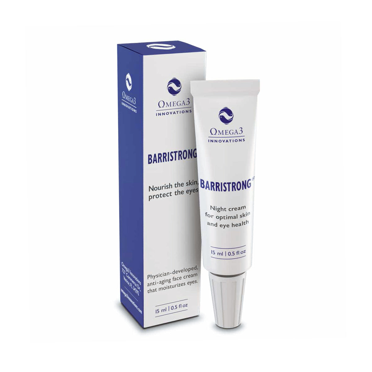 Image of a 15 ml tube of Omega 3 Innovations Barristrong Skin Cream for Sensitive Eyes and Irritated Eyelids beside its box. The packaging is white with blue accents, highlighting nourishing Omega-3s for enhanced skin and eye hydration.