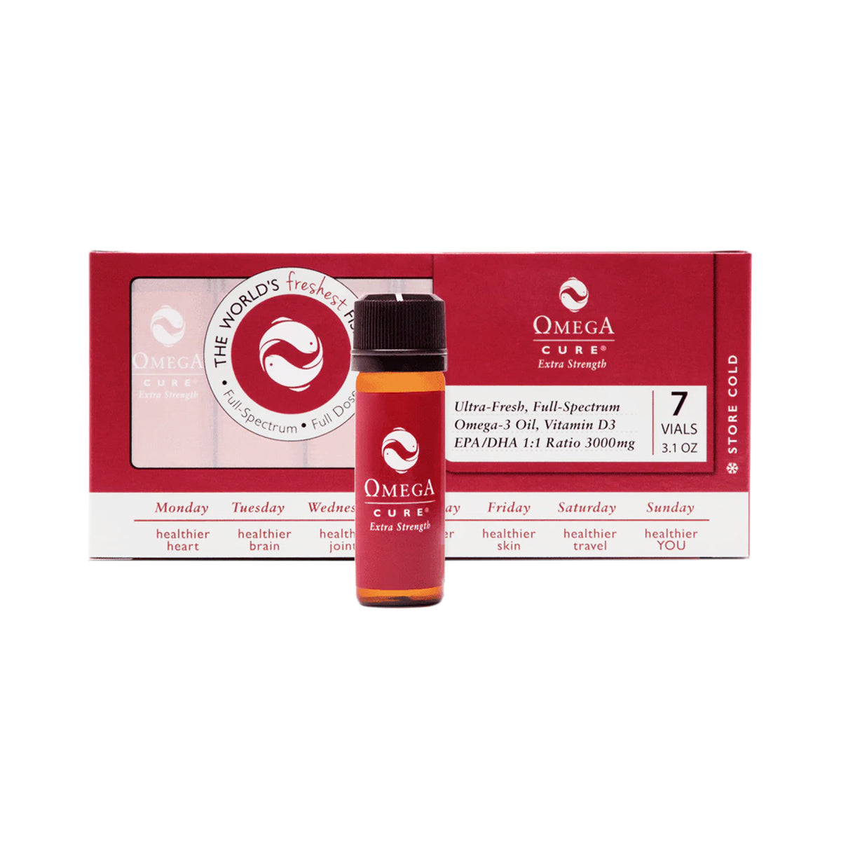 A red and white Omega Cure box from Omega 3 Innovations features The Worlds Freshest and Ultra-Fresh, Full-Spectrum Cod Liver Oil, Vitamin D3. In front, a vial labeled Omega Cure emphasizes its Omega-3 benefits. The box lists days of the week and promotes health benefits.