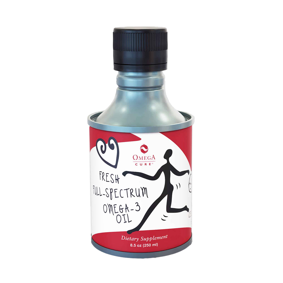 The Omega Cure Omega 3 Fish Oil (8.5 oz) 250mL from Omega 3 Innovations, cold shipped and known for its non-fishy taste, features a red label with a stylized heart and runner, providing an optimal omega-3 dose as a dietary supplement.