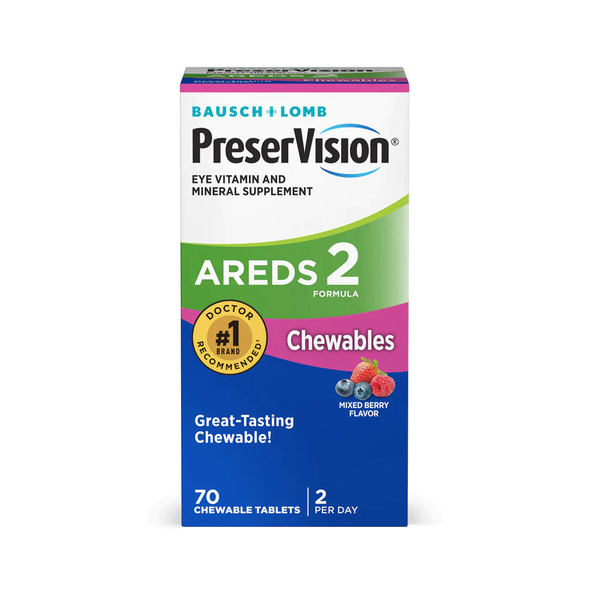 Bausch + Lomb PreserVision AREDS 2 Chewable Eye Vitamin & Mineral Supplement supports eye health and combats Age-related Macular Degeneration. The product includes 60 mixed berry-flavored tablets, with a recommended dose of two per day.