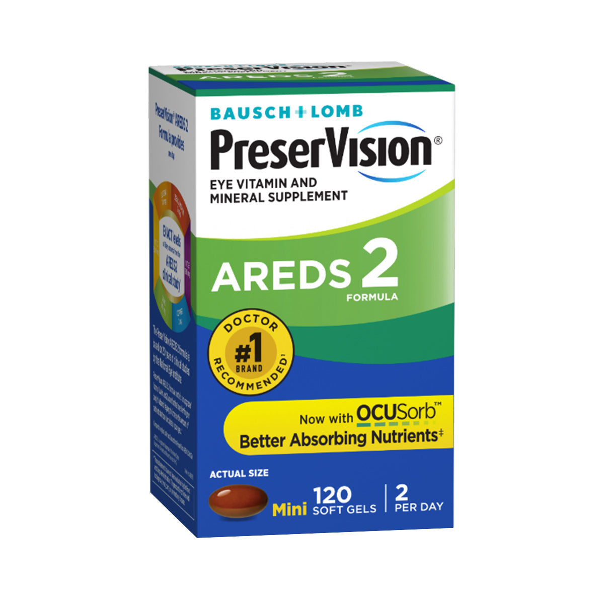 Bausch + Lombs PreserVision AREDS 2 Eye Vitamin & Mineral Supplement offers better nutrient absorption with OCUSorb Technology. The box contains 120 softgels, with a recommended dosage of two per day.