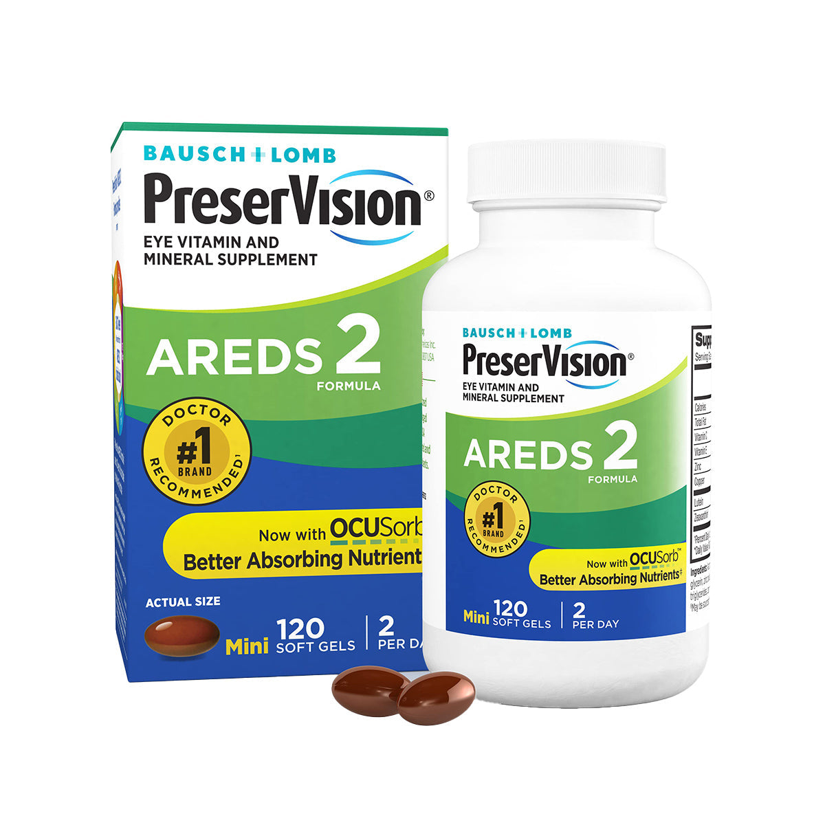 Image of a Bausch + Lomb PreserVision AREDS 2 Eye Vitamin & Mineral Supplement box and bottle. The 120 softgels feature advanced OCUSorb Technology for enhanced absorption.