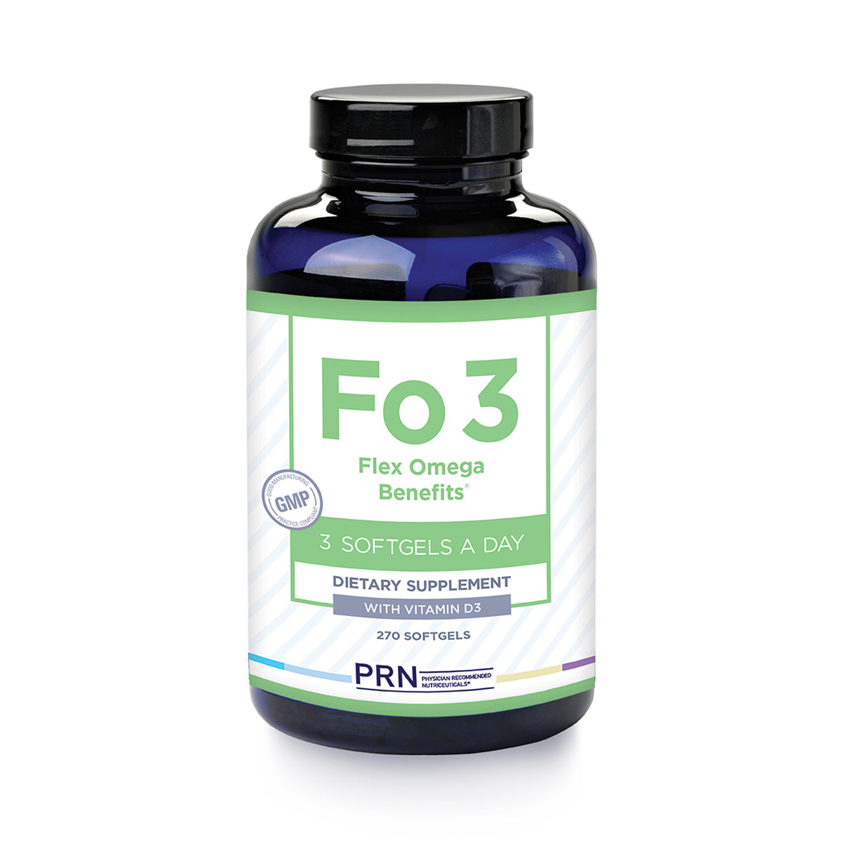 The dark blue PRN Flex Omega Benefits FO3 bottle features a white and green label, supports joint health with Omega-3s and Vitamin D3, advises 3 Softgels a Day, and includes 270 softgels for enhanced exercise recovery as a 3-month supply dietary supplement.