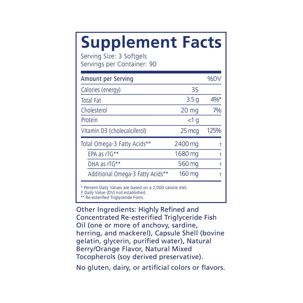 Supplement Facts for PRN Flex Omega Benefits FO3 with Vitamin D3 by PRN includes: serving size (3 softgels), total fat (3.5g), cholesterol (10mg), Vitamin D3 (25mcg), and Total Omega-3 Fatty Acids (2400mg) for joint health and recovery, plus fish oil and natural flavorings.