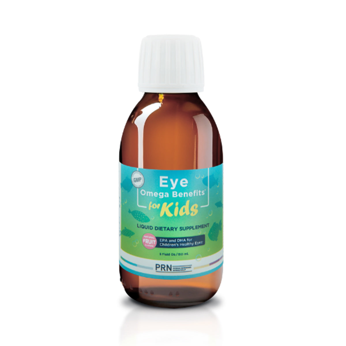 PRNs 5oz Eye Omega Benefits for Kids features omega-3s like EPA and DHA for childrens eye health, offering a tasty plum flavor. The bottle has a white cap with a vibrant blue, green, and yellow label.