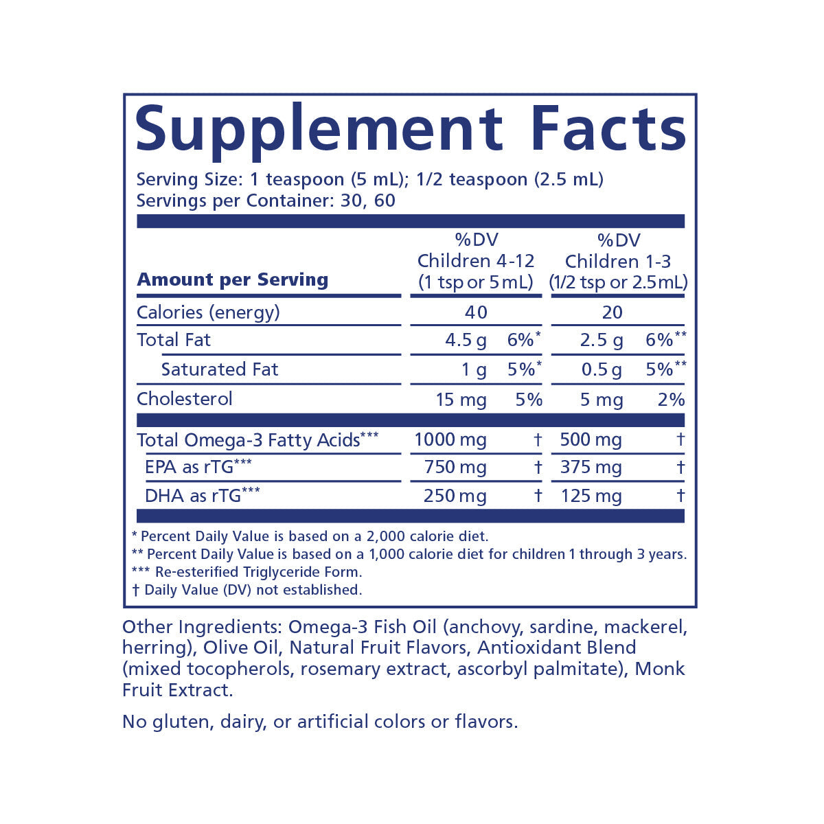 PRN Eye Omega Benefits for Kids by PRN shows supplement facts per 1 tsp (5 mL), offering 30-60 servings per package. It lists calories, fat, cholesterol, and omega-3s such as EPA and DHA, plus its free from gluten, dairy, colors, and flavors.