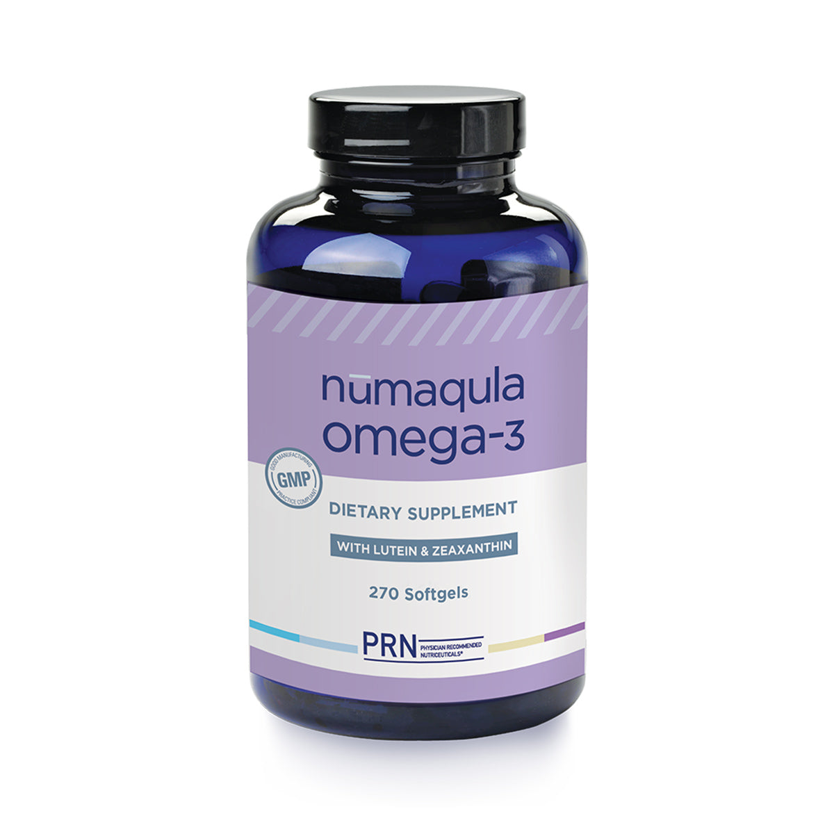 A blue PRN numaqula Omega-3 dietary supplement bottle, with lutein and zeaxanthin for macular support, contains 270 softgels. It features a GMP certification mark, EPA/DHA details, and PRN - Physician Recommended Nutriceuticals branding.