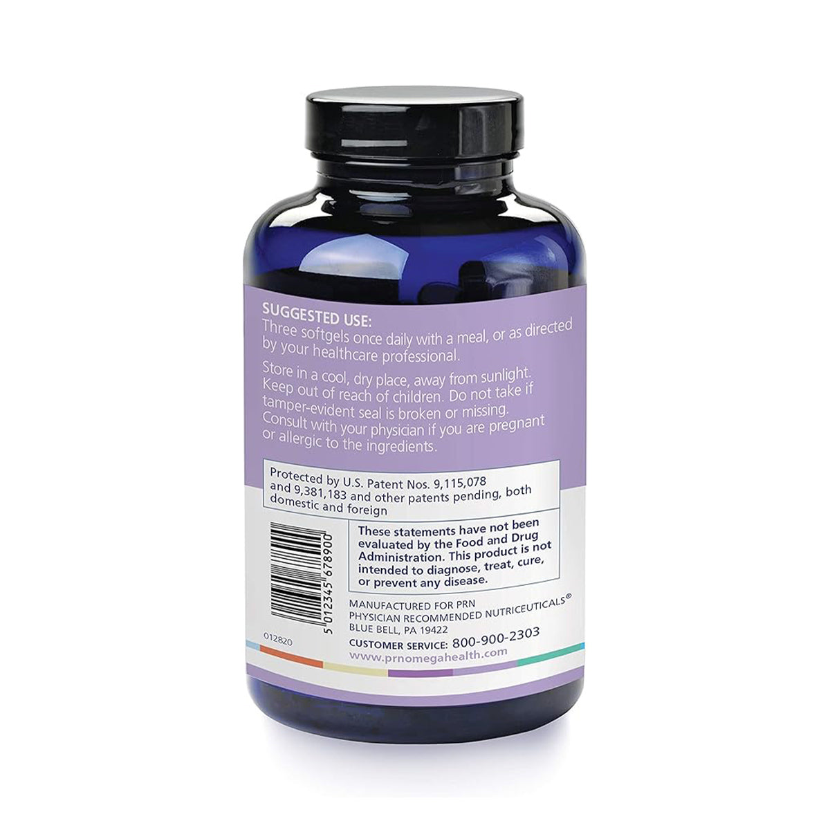 A blue supplement bottle labeled PRN numaqula Omega-3 by PRN for macular support, with a black lid. Use: 3 softgels daily with a meal. Warnings: store properly, consult a physician if pregnant, contact manufacturer. Contains EPA and DHA for enhanced benefits.