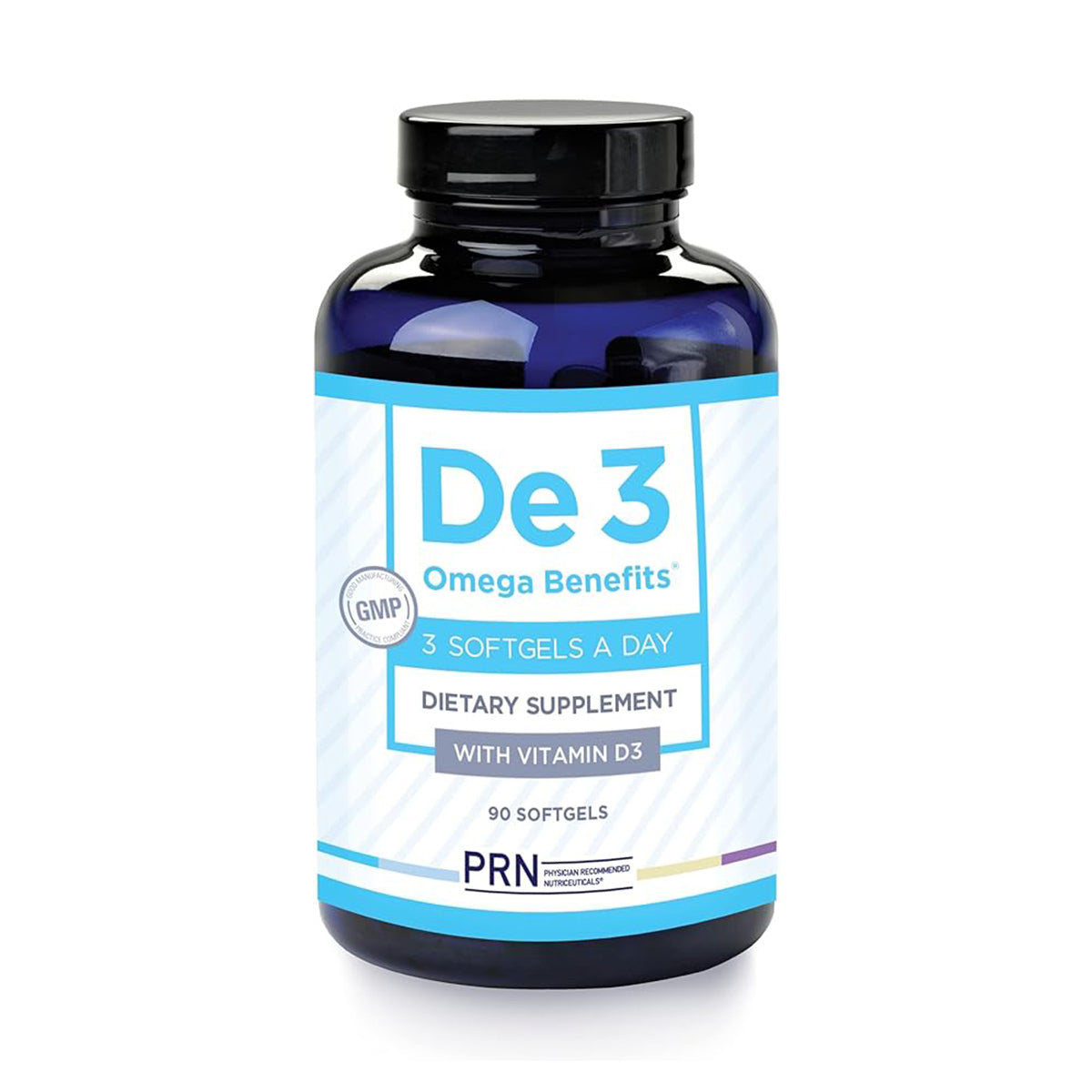 The PRN DE3 Dry Eye Omega Benefits® by PRN - Physician Recommended Nutriceuticals is a dietary supplement promoting eye health with vitamin D3. The white and light blue, GMP-certified bottle contains 90 softgels, recommending 3 softgels a day.