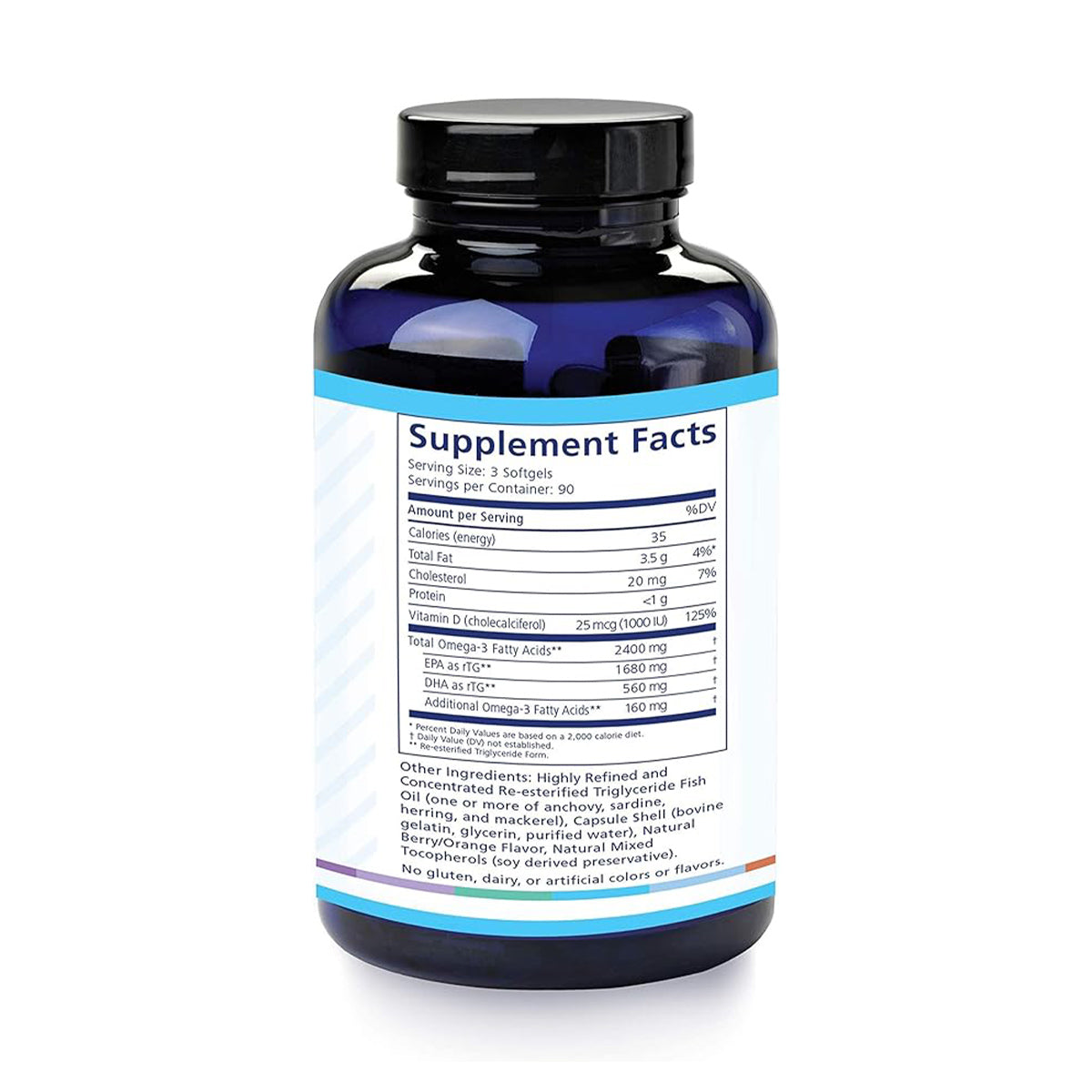 The PRN DE3 Dry Eye Omega Benefits® by Physician Recommended Nutriceuticals emphasizes eye health with its supplement facts label. Each serving of 3 softgels provides details on calories, fat, cholesterol, vitamin D, and Omega-3s. The dark blue bottle with a white label underscores Omega Benefits.