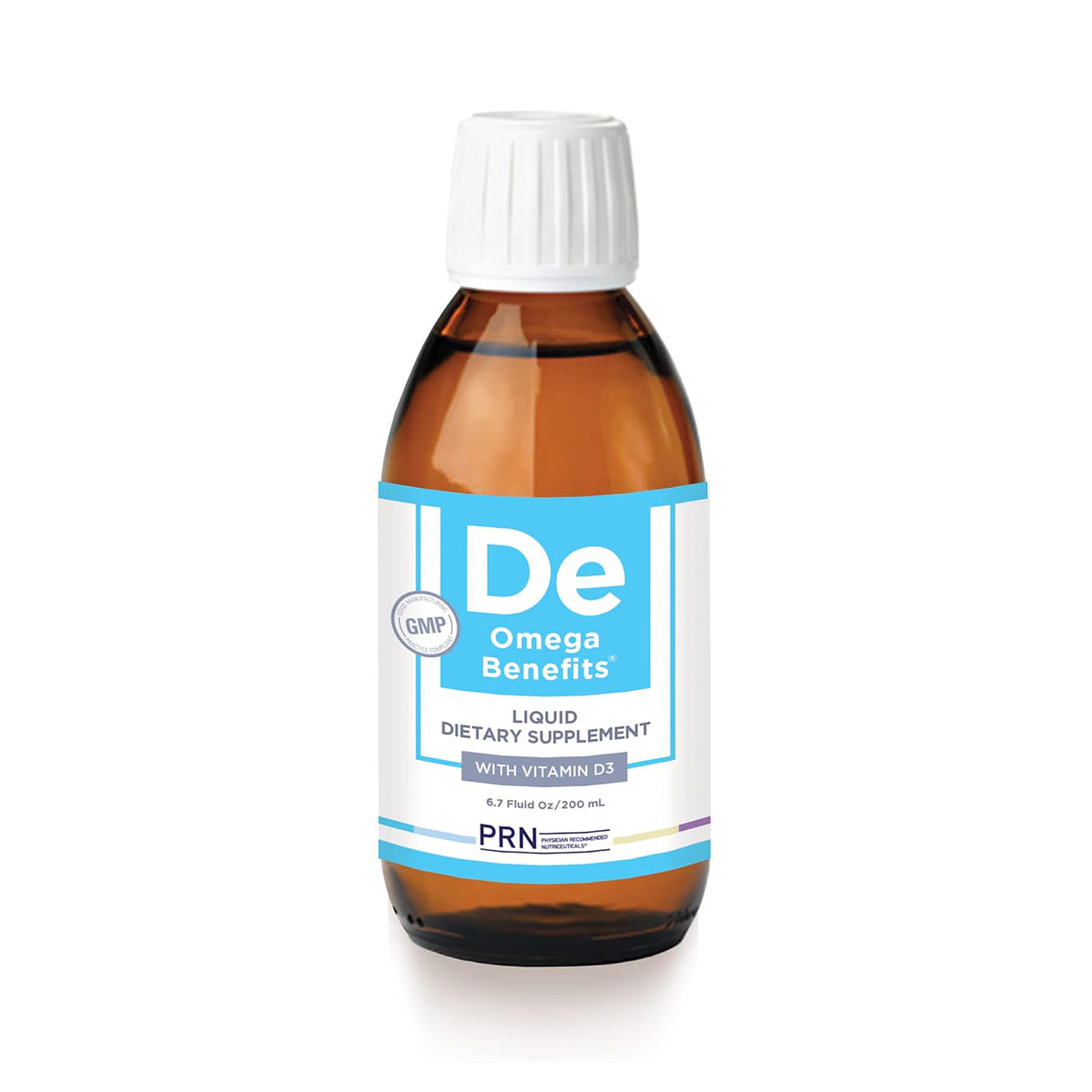 A brown bottle with a white cap contains PRN Dry Eye Omega Benefits® Liquid by PRN - Physician Recommended Nutriceuticals, featuring Vitamin D3 and re-esterified triglycerides, ideal for dry eye relief in a 6.7 fl oz (200 ml) formula.