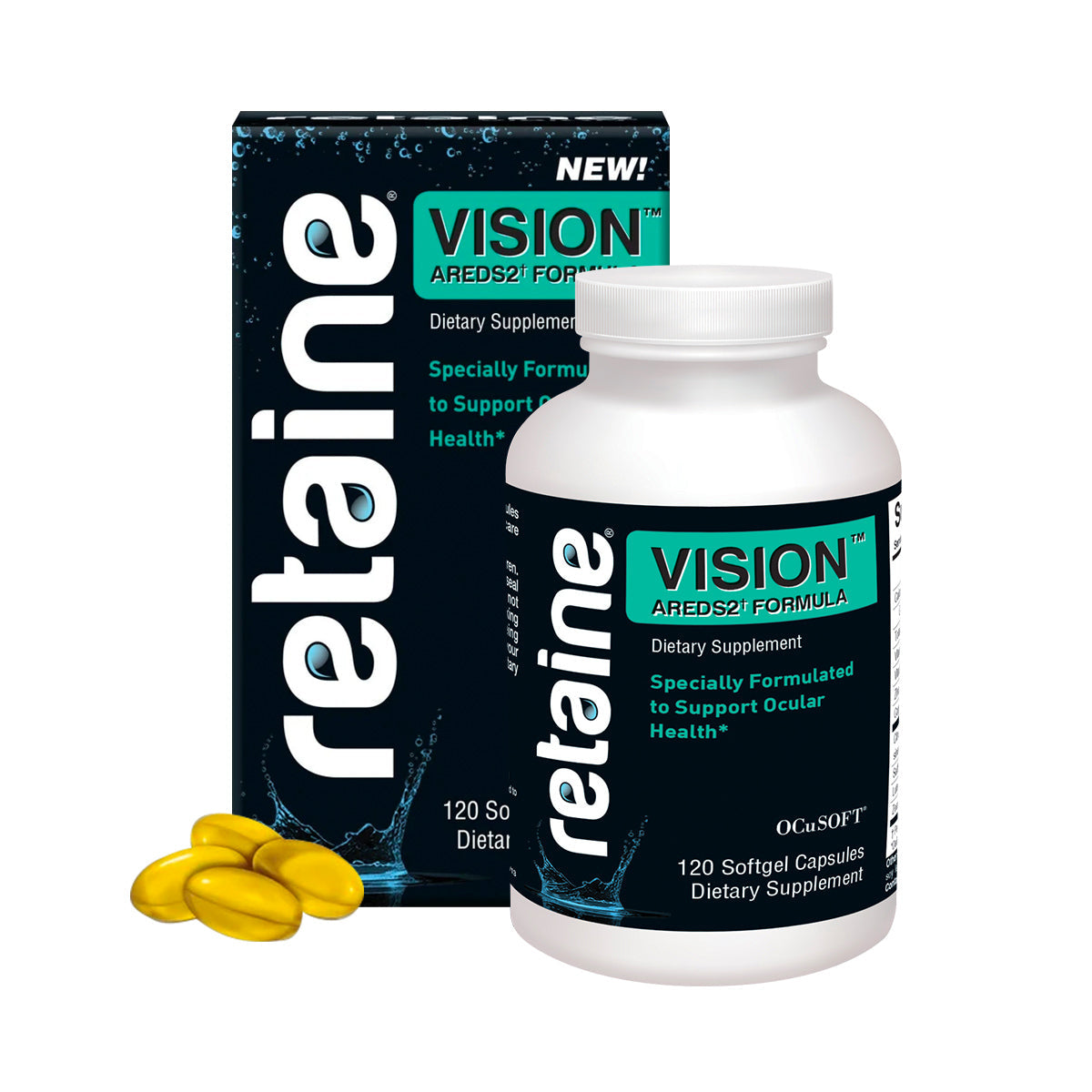 A bottle and box of OCuSOFTs Retaine Vision (120 softgels) dietary supplement are showcased, promoting its AREDS2 Formula for optimal eye health. Three yellow softgels are placed in front, and the box features a vibrant water splash design.