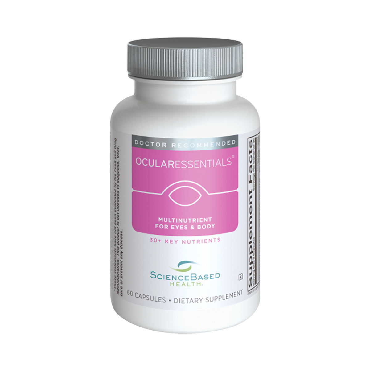 The white bottle of Ocular Essentials Whole Body Formula, by ScienceBased Health, features a pink label with an eye design reading Multinutrient for Eyes & Body, and highlights its antioxidant-rich support for optimal eye health. It contains 60 capsules of dietary supplement for a 30-day supply.