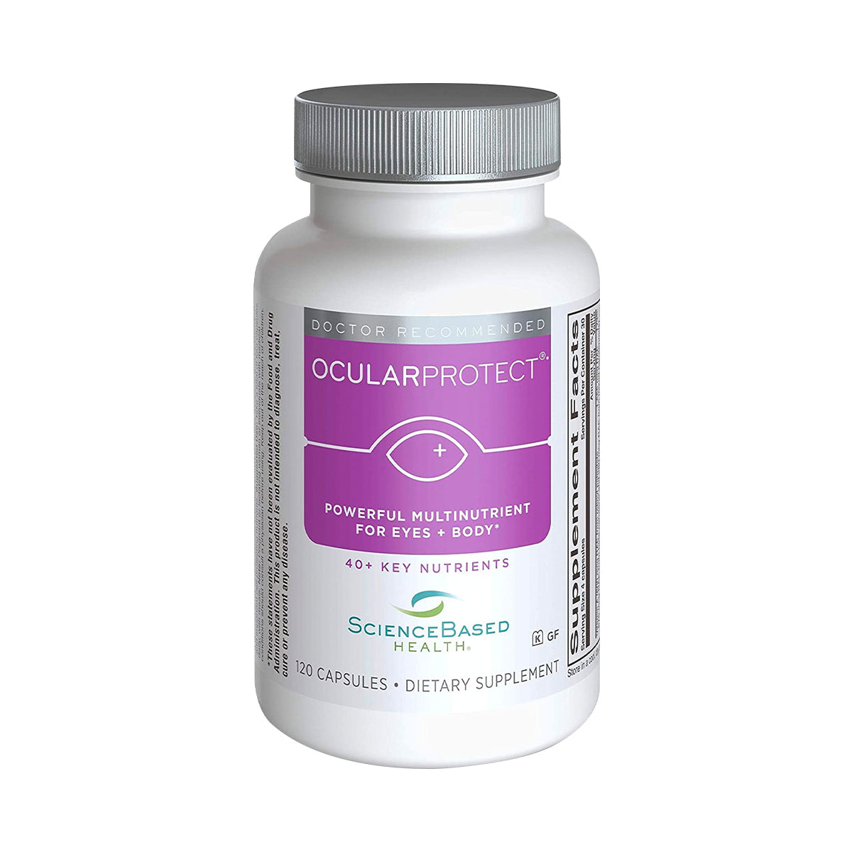 A white bottle labeled OcularProtect Whole Body Multivitamin Formula by ScienceBased Health, featuring a purple accent and eye icon. This 120-capsule multinutrient supplement provides antioxidant support for eye and body health over a 60-day supply.