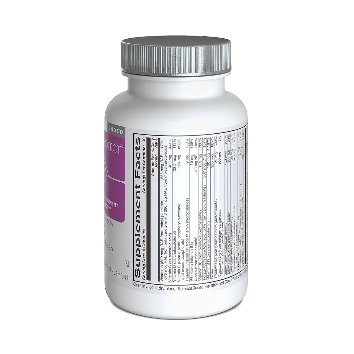 A white bottle with a gray cap showcases the supplement facts of ScienceBased Healths OcularProtect Whole Body Multivitamin Formula (60 day Supply), featuring antioxidant details. It stands elegantly against a plain white background.