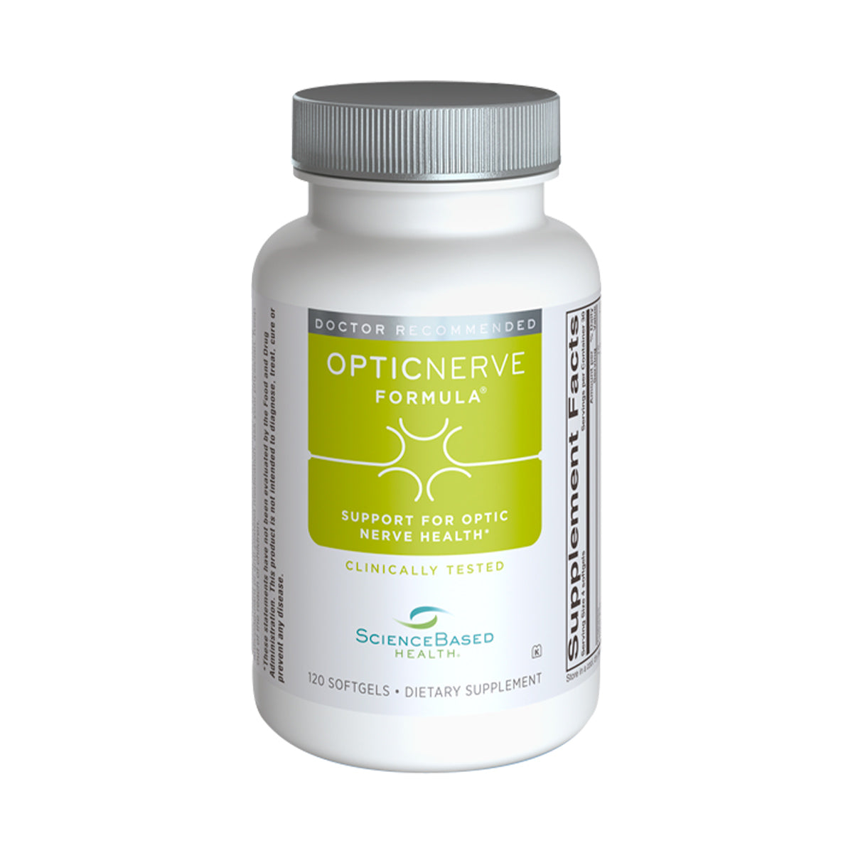 The white bottle of Optic Nerve Formula from ScienceBased Health offers antioxidant defense and optic nerve health support. Clinically tested and doctor recommended as a dietary supplement, it contains 120 softgels to improve ocular circulation.