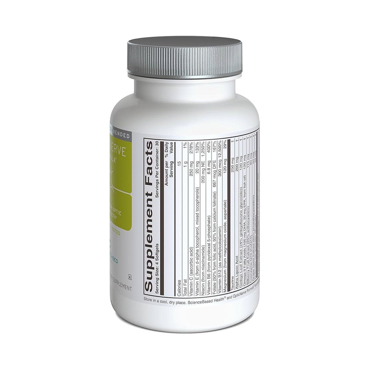 The Optic Nerve Formula by ScienceBased Health is a white bottle with a silver cap, offering nutrition support for optic nerve health. Its label includes Supplement Facts in black text. The 120ct bottle sits on a plain white background, highlighting its dedication to ocular circulation.