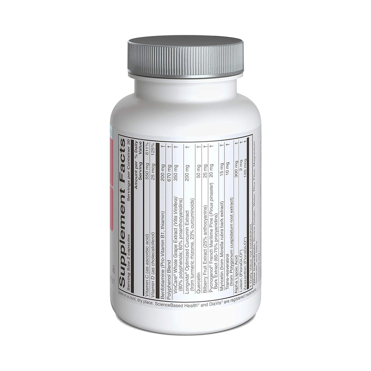 The DiaVis Eye and Nerve Support Formula by ScienceBased Health, featuring a white bottle with Supplement Facts on the label and a silver cap, is designed for diabetes support. It highlights nutritional information in black text against a simple white background to emphasize combating oxidative stress.