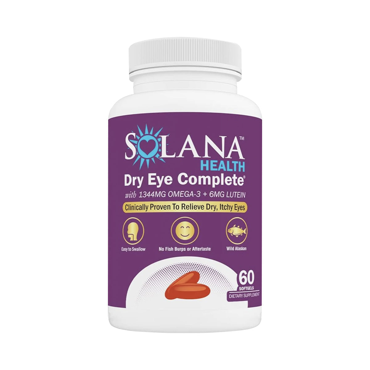 A white bottle of OcuSci Solana Health Eye Complete with Omega and Lutein features a powerful formula for dry eye relief, containing 60 easy-to-swallow softgels without fishy aftertaste. The label highlights itch relief benefits, with a few softgels displayed for emphasis.