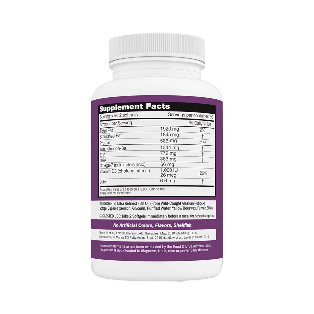 A bottle of OcuScis Solana Health Eye Complete with Omega and Lutein features a white cap and purple label, detailing the potent benefits of Omega-3. It includes supplement facts with nutritional information, refined fish oil, vitamin D3, and offers 30 servings per container.