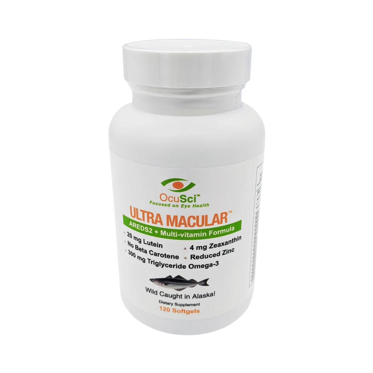 A 120-count white bottle of OcuSci Ultra Macular ARED-2 Multi-vitamin offers lutein, zeaxanthin, beta carotene, reduced zinc, and triglyceride omega-3. Proudly wild-caught in Alaska by OcuSci.