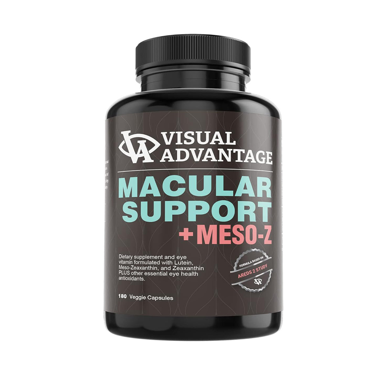 The Lunovus Visual Advantage Macular Support + Meso Z contains 180 soft gels with an AREDS 2 formulation. This supplement emphasizes eye health and blue light protection, featuring lutein, zeaxanthin, and meso-zeaxanthin in a prominently labeled black bottle.