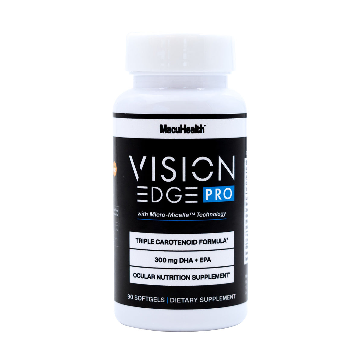 A white bottle of MacuHealth Vision Edge ECP Pro for Visual Enhancement - 90 Day Supply features a black label highlighting the Triple Carotenoid Formula, 300 mg DHA + EPA, and offers Blue Light Protection as an Eye Health Supplement, containing 90 softgels.