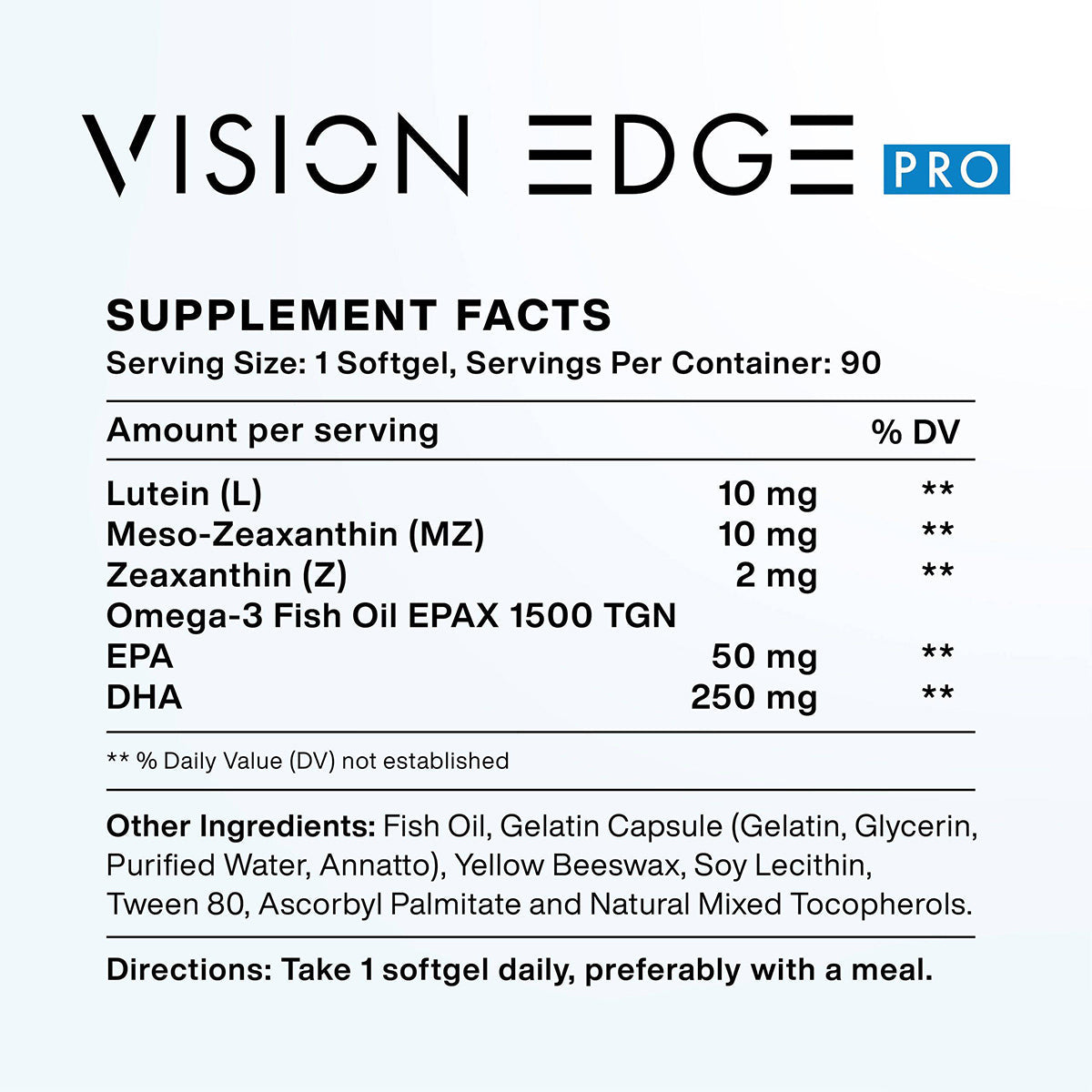 MacuHealth Vision Edge ECP Pro for Visual Enhancement, by MacuHealth, is a 90-day supply supplement. Each softgel includes Lutein (10 mg), Meso-Zeaxanthin (1 mg), Zeaxanthin (2 mg), Omega-3 Fish Oil EPAX 1500 TGN with EPA (50 mg) and DHA (350 mg). Take 1 softgel daily with a meal.