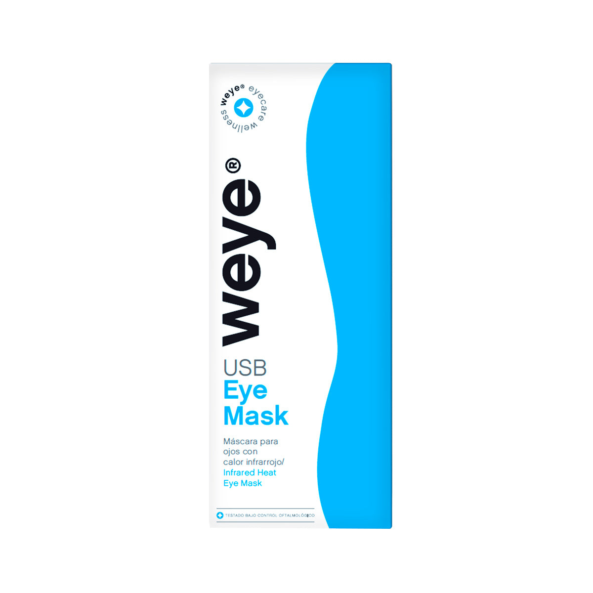 The Weye Heated Eye Masks white and blue packaging offers infrared heat therapy, promising soothing relief for dry eyes. The design features English and Spanish text with a modern touch and a blue wave pattern on the right, amplifying its calming effect.