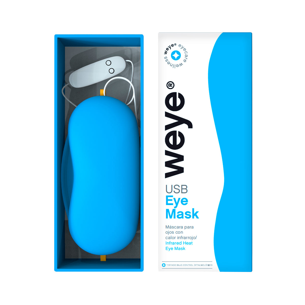 The Weye Heated Eye Mask with USB, designed for soothing dry eyes and puffy eyelids, is presented in a blue box with a transparent top. It includes a remote control with wires, highlighting infrared heat therapy on the packaging.