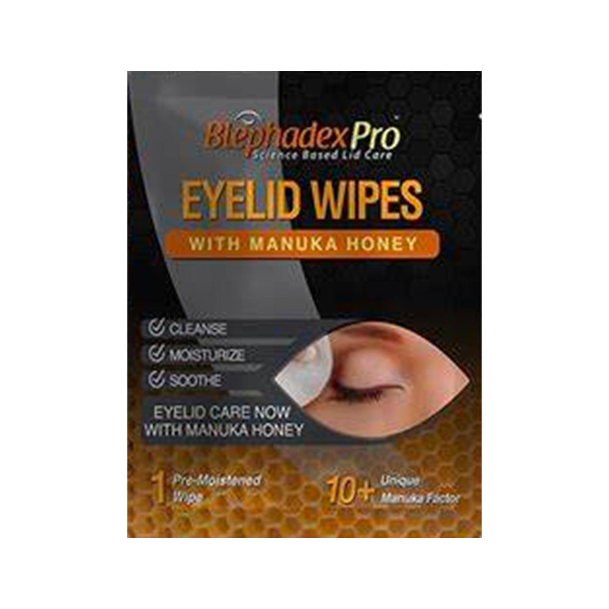 The packaging for Lunovus Blephadex Pro Eyelid Wipes with Manuka Honey highlights their cleansing, moisturizing, and soothing features alongside antibacterial and anti-inflammatory benefits. It includes 30 individually wrapped wipes and a doctors recommendation seal.