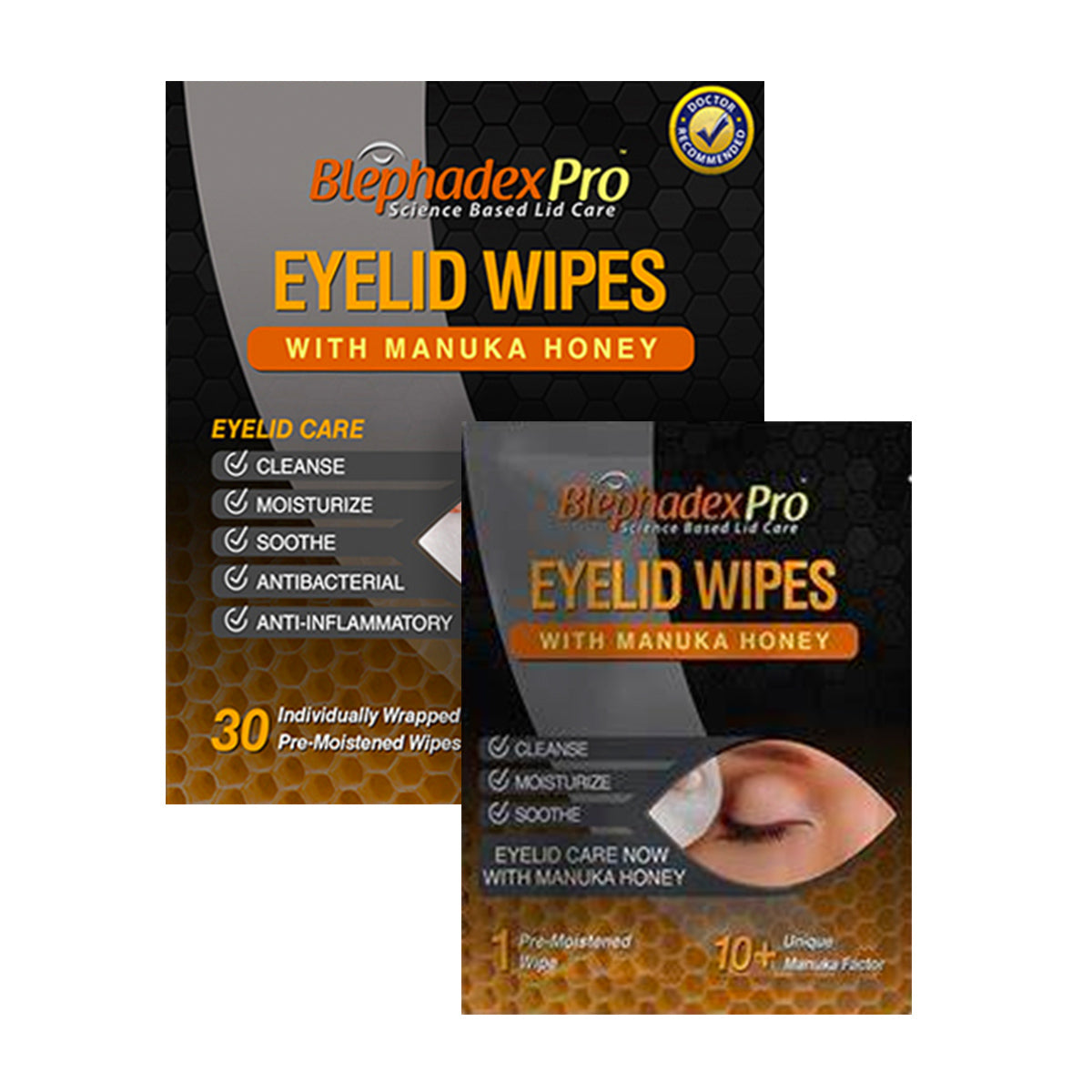 Two packages of Lunovus Blephadex Pro Eyelid Wipes with Manuka Honey are available, each offering features like cleanse, moisturize, soothe, and antibacterial properties for optimal eyelid care. The larger pack contains 30 individually wrapped pre-moistened wipes.