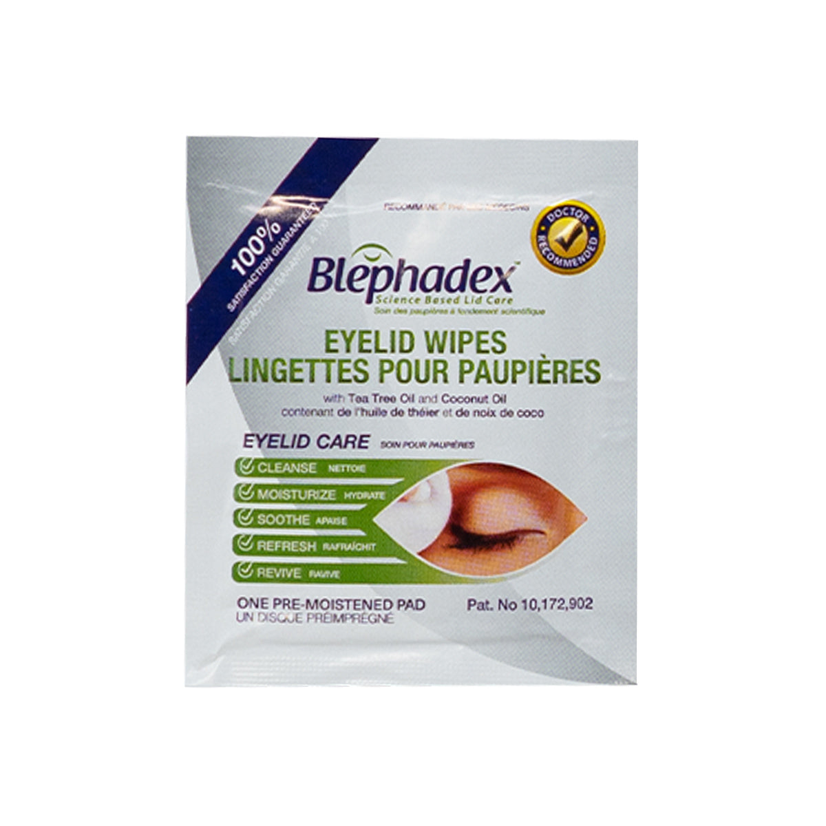 The Lunovus Blephadex Eyelid Wipes offer eye itch relief with Tea Tree and Coconut Oil. The white packaging features an eye illustration, highlighting benefits such as cleansing, moisturizing, soothing, refreshing, and reviving. Contains 30 pre-moistened wipes for a months supply.