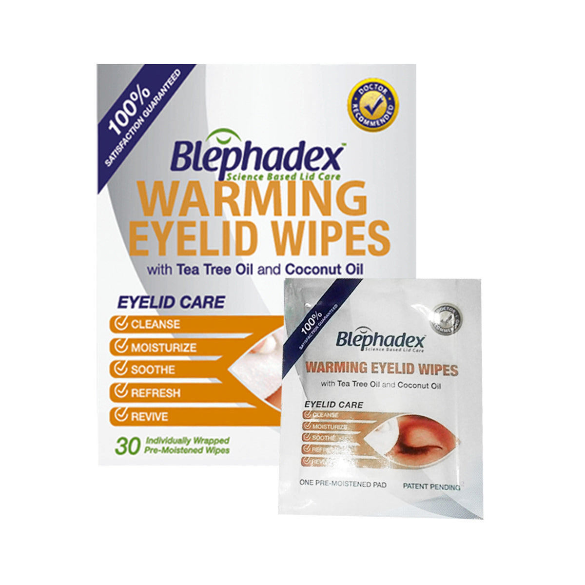 Image of Lunovus Blephadex Warming Eyelid Wipes (1 month Box of 30). The packaging assures 100% Satisfaction Guaranteed and highlights ingredients like tea tree oil and coconut oil, emphasizing benefits such as cleansing, moisturizing, soothing, refreshing, and reviving for eyelid hygiene.