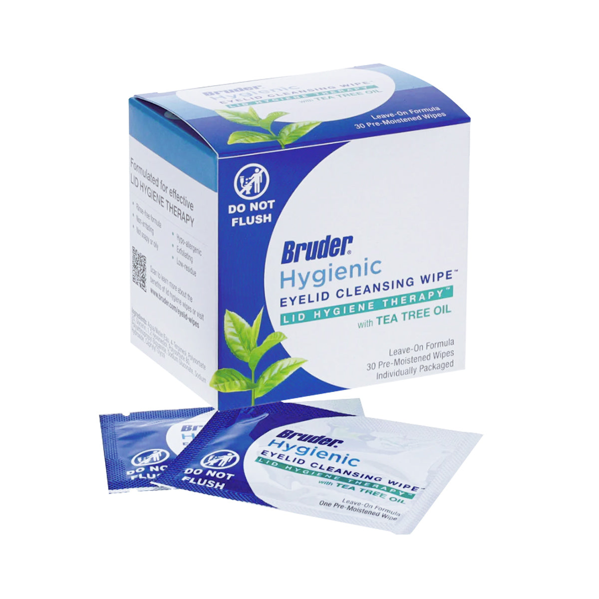 Bruder Hygienic Eyelid Cleansing Wipes with Tea Tree Oil (30ct) come in blue and white packaging accented by green leaf graphics, emphasizing nature. Ideal for eyelid hygiene and soothing irritation, these individually wrapped wipes caution: Do Not Flush.