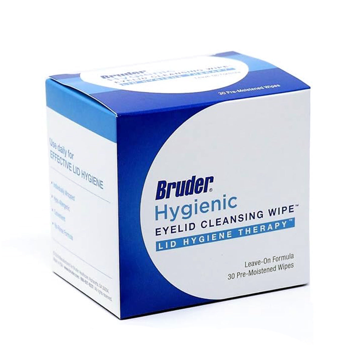 A white and blue box labeled Bruder Hygienic Eyelid Cleansing Wipes - 30 Pre-Moistened Wipes features Lid Hygiene Therapy at the bottom. Ideal for ocular health, it includes wipes tailored for daily eyelid hygiene and dry eye relief.