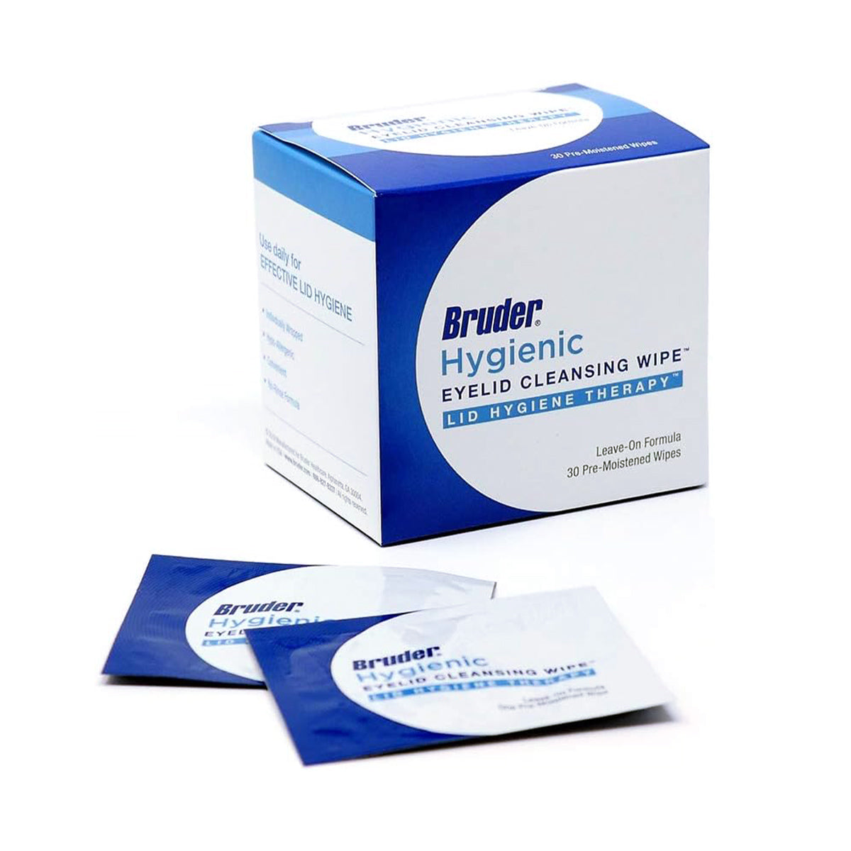 The Bruder Hygienic Eyelid Cleansing Wipes box, promoting ocular health, is displayed with two individual packets. The white and blue packaging contains 30 pre-moistened wipes designed for dry eye relief and lid hygiene therapy.