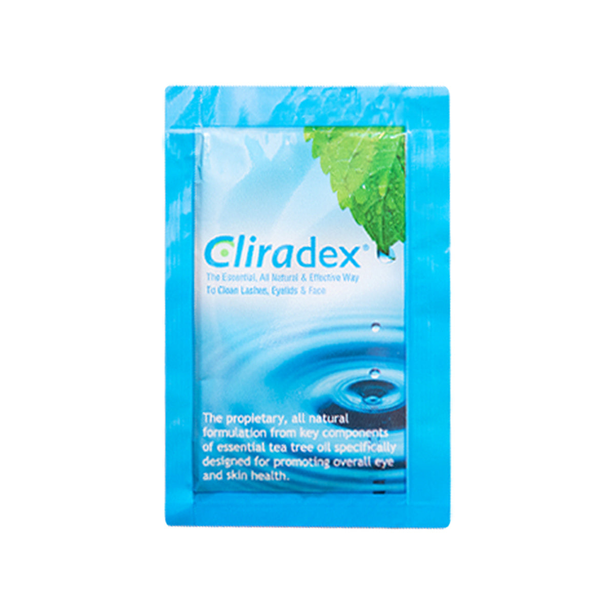 The Cliradex Wipes by PRN, ideal for eye hygiene, feature designs of water droplets and a green leaf. The packaging reads Naturally Fresh, Healthy Eyes and includes 24 individually packaged wipes with 4-Terpineol, each weighing 1.4g.