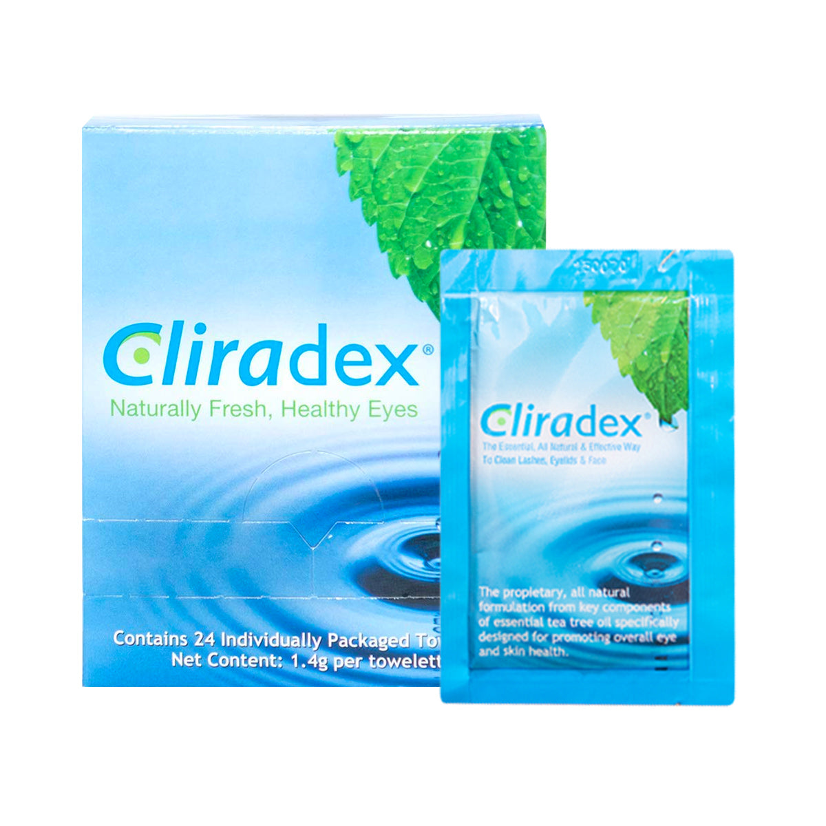 The Cliradex Wipes by PRN, featuring a green leaf design, offer 24 individually packaged towelettes infused with tea tree oil extract. These wipes promote naturally fresh and healthy eyes and are ideal for managing Demodex, emphasizing ocular hygiene with natural components.