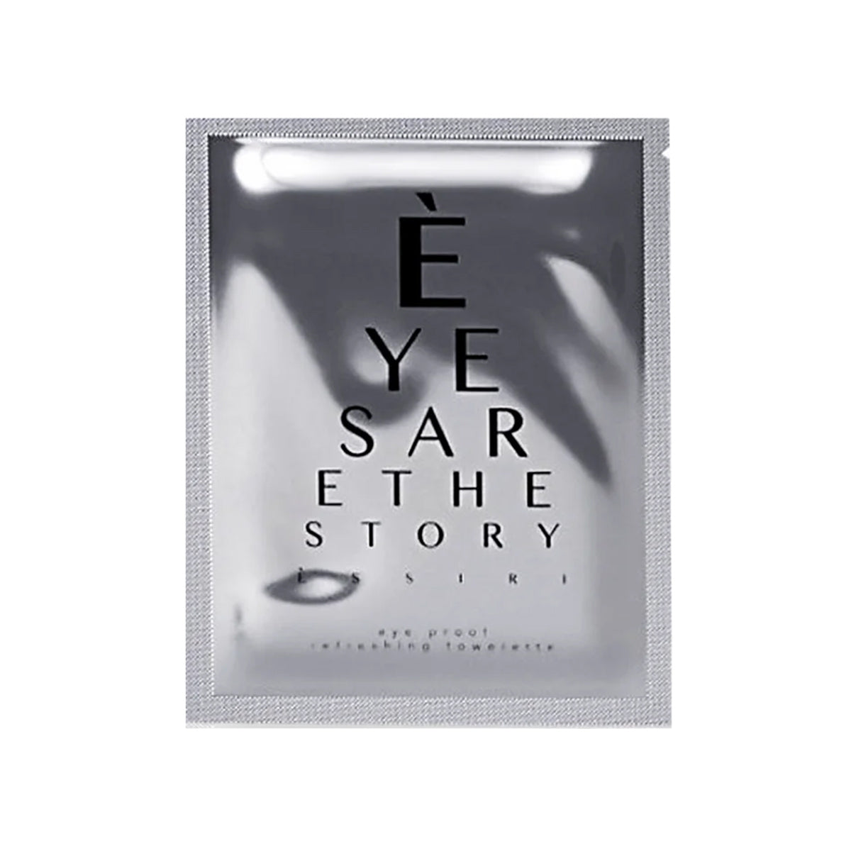 A metallic packet labeled Eyes are the Story features a stylized eye design and contains 20 refreshing towelettes with hyaluronic acid. The dual-language label in English and French promotes optimal ocular hygiene.