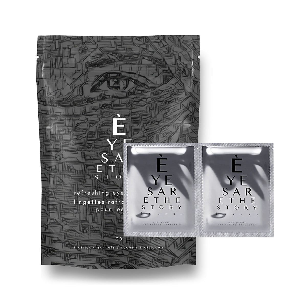 A dark, patterned pouch displays an abstract eye design with Eyes are the Story text. Two small packets for ocular hygiene are also included. The image depicts packaging for Eyes are the Story Refreshing Towelettes Wipes for Eyelid Hygiene (20ct).